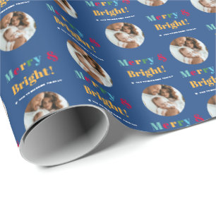 Merry & Bright Custom Family Photo Christmas blue Wrapping Paper