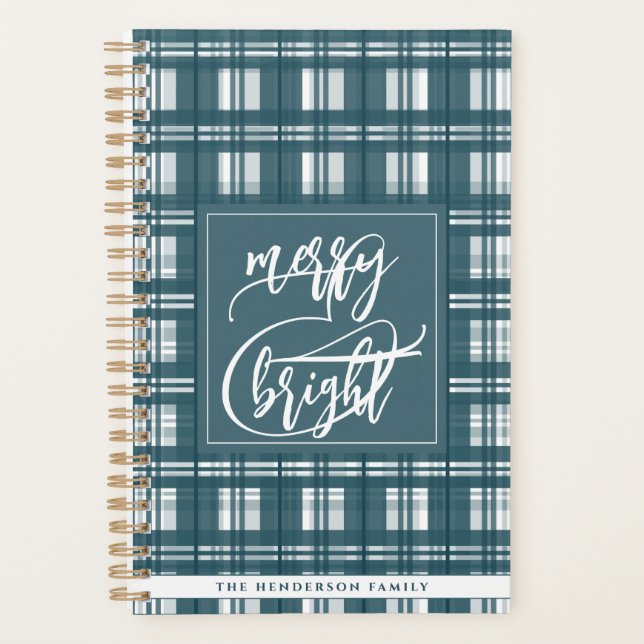 Merry & Bright | Custom Name | Plaid Mint Green  Planner (Front)