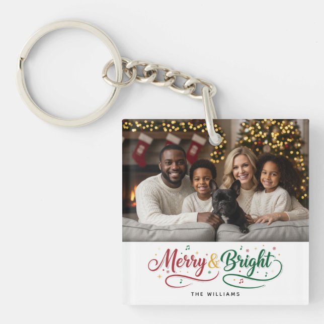 Merry & Bright Custom Photo Double-Sided Holiday  Key Ring (Front)