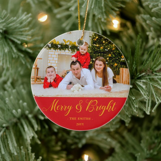 Merry & Bright Custom Photo & Name Ceramic Ornament (Tree)