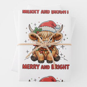 Merry & Bright Cute Highland Baby Cow Christmas Wrapping Paper Sheet