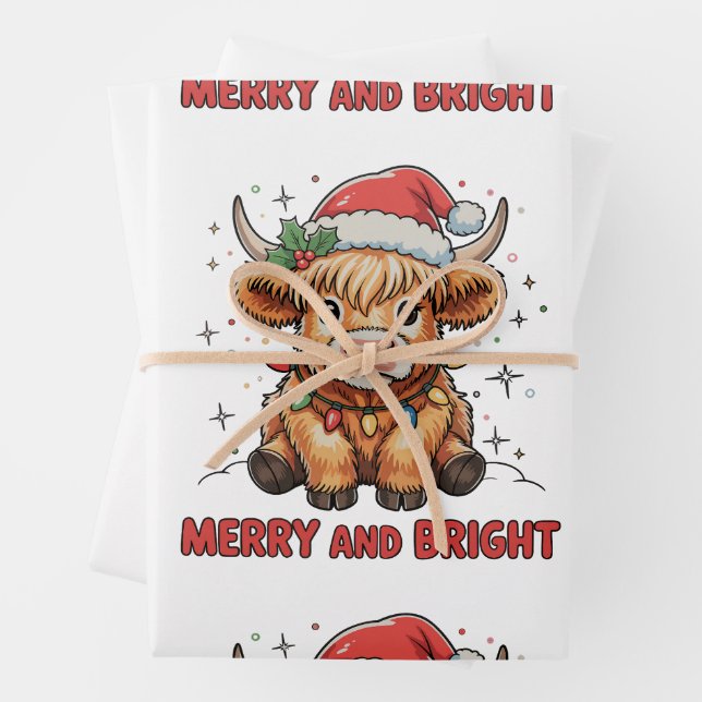 Merry & Bright Cute Highland Baby Cow Christmas Wrapping Paper Sheet (In situ)