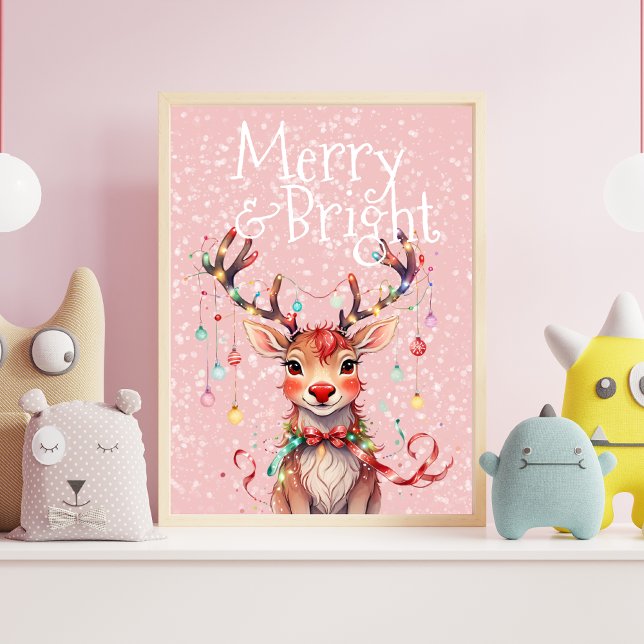 Merry & Bright Cute Reindeer and Christmas Lights Poster (Cute Reindeer and Christmas Lights Poster)