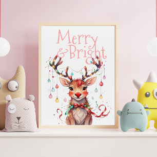 Merry & Bright Cute Reindeer Holiday Festive Light Poster