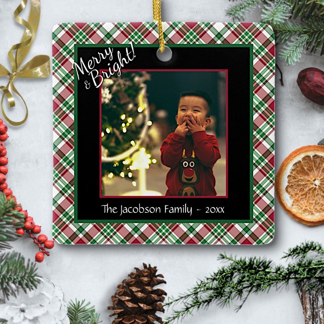 Merry & Bright Cute Tartan Plaid Photo Christmas  Ceramic Ornament (in situ with decorations)
