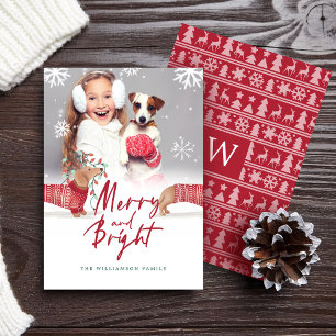 Merry & Bright   Dachshund Christmas Sweater Photo Holiday Card