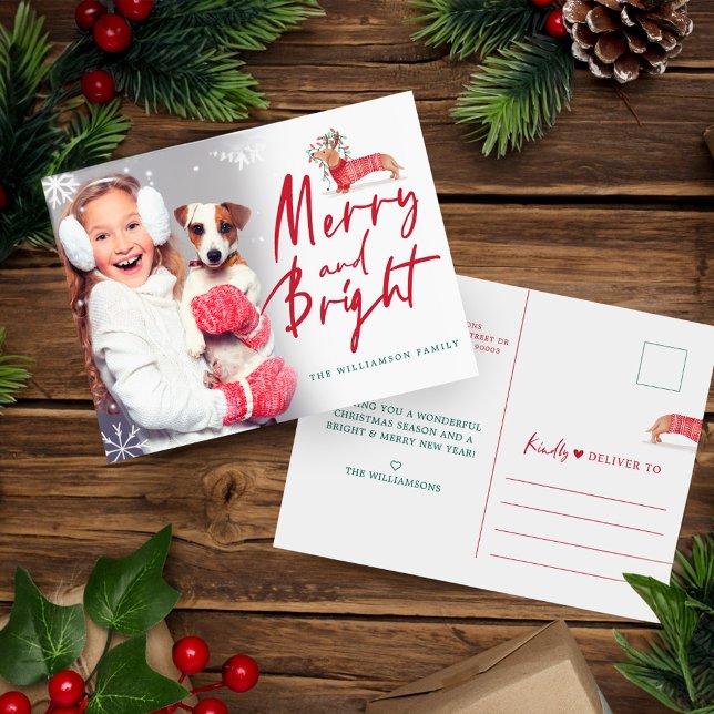 Merry & Bright | Dachshund Christmas Sweater Photo Postcard (Merry & Bright | Dachshund Christmas Sweater Photo Postcard)