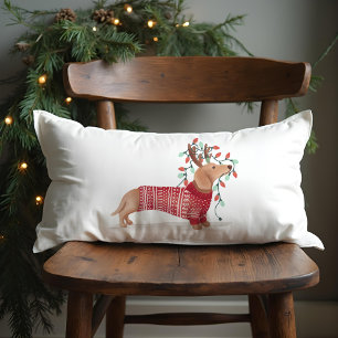 Merry & Bright   Dachshund Dog Christmas Sweater Lumbar Cushion