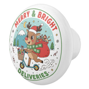 Merry & Bright Deliveries Reindeer on Scooter  Ceramic Knob