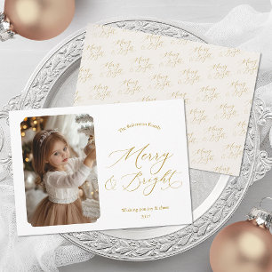Merry & Bright Elegant Gold Script Christmas Photo Holiday Card