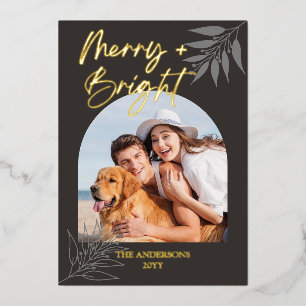 Merry Bright Elegant Script Arch 4 Photo Christmas Foil Holiday Card