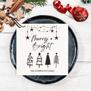 Merry Bright Elegant Script Pine Trees Christmas Napkin