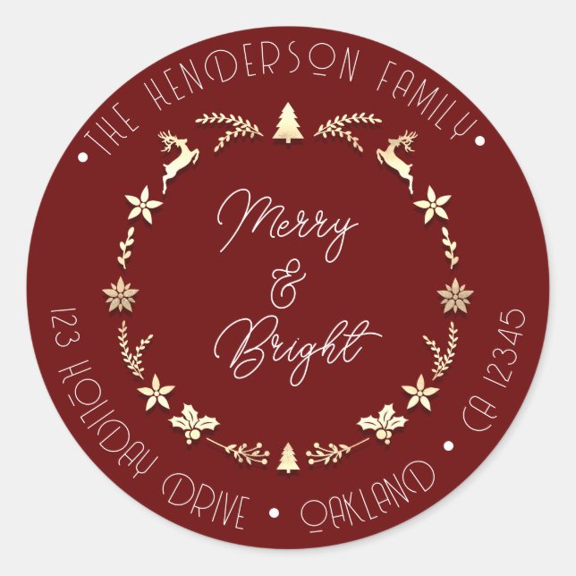 Merry Bright Family Address Deer Gold Wreath Red Classic Round Sticker (Front)