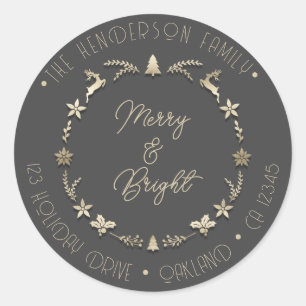 Merry Bright Family Address Deer Stars Gold Grey Classic Round Sticker