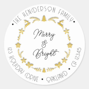 Merry Bright Family Address Deer Stars Gold White Classic Round Sticker