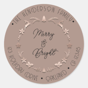 Merry Bright Family Address Wreath Deer Rose Classic Round Sticker