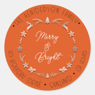 Merry Bright Family Address Wreath Deer RoseOrange Classic Round Sticker