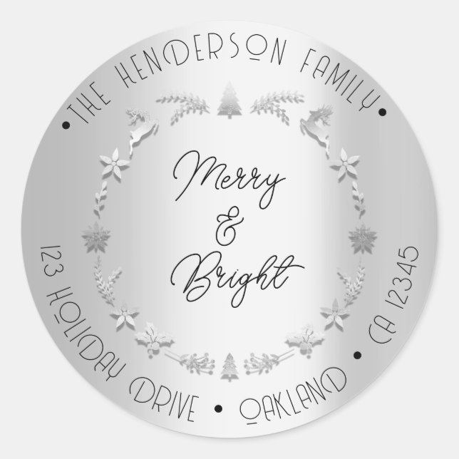 Merry Bright Family Address Wreath Grey Silver Classic Round Sticker (Front)