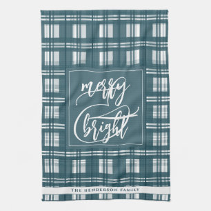 Merry & Bright   Family Name   Plaid Mint Green  Tea Towel