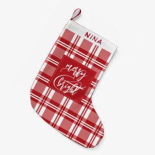 Merry & Bright   Family Name   Red Plaid  Small Christmas Stocking