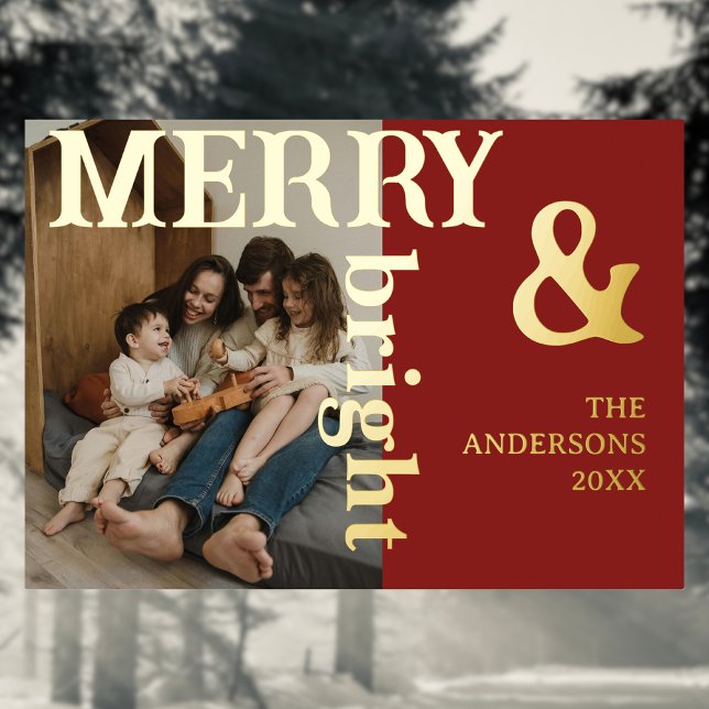 Merry & Bright Family Photo Elegant Deep Burgundy Foil Holiday Card (Creator Uploaded)