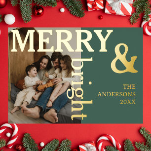 Merry & Bright Family Photo Elegant Olive Green Foil Holiday Card
