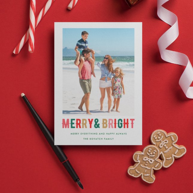 Merry Bright Family Photo Holly  Holiday Card (Creator Uploaded)