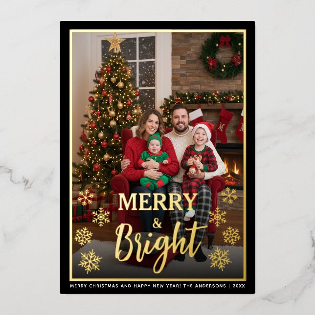 Merry & Bright Family Photo & Snowflakes Christmas Foil Holiday Card (Front)