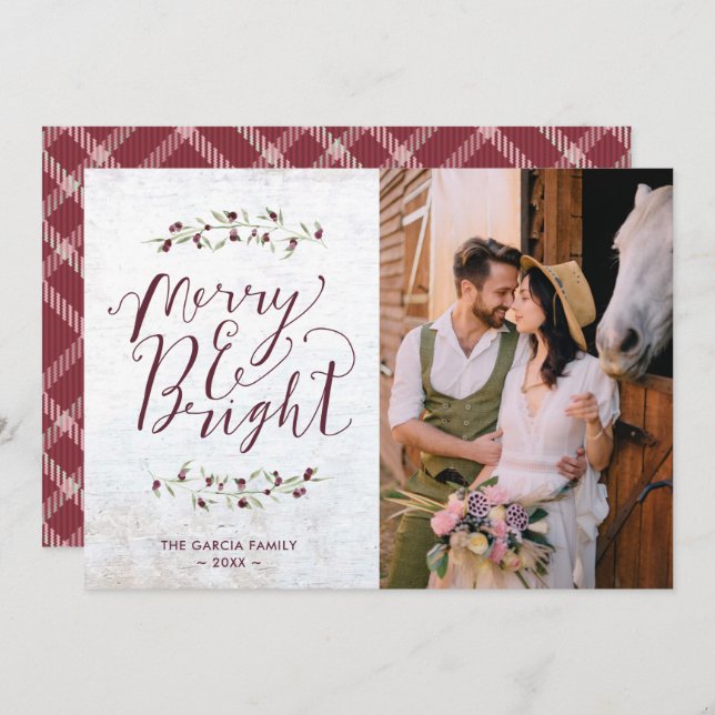 Merry Bright Farmhouse Couple Photo Christmas  Holiday Card (Front/Back)