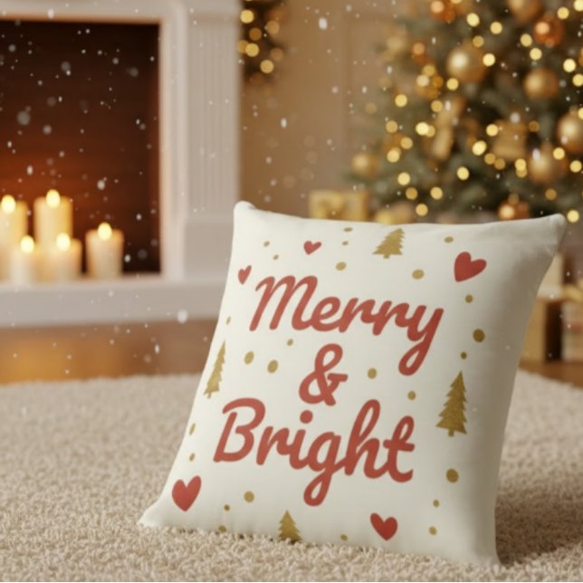 Merry & Bright" Festive Christmas Throw Pillow (Creator Uploaded)