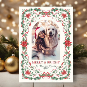 Merry & Bright Foliage Bow Arch Photo Christmas Holiday Card
