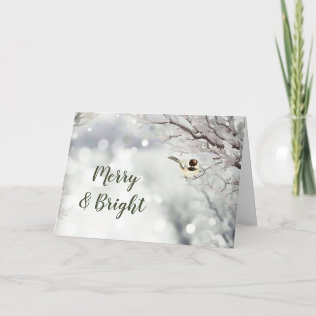 Merry Bright Forest Snowflakes Chickadee Bird Holiday Card (Front)
