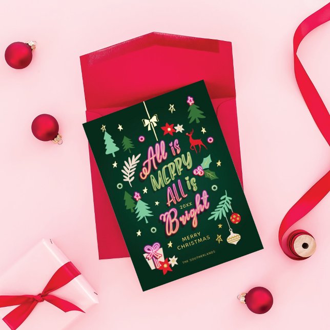 Merry Bright Fun Neon Sign Christmas Lights Photo Foil Holiday Card (Creator Uploaded)