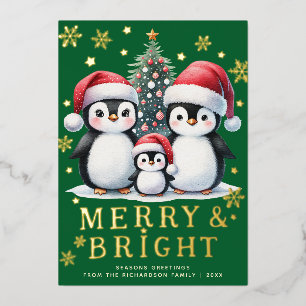 Merry Bright Fun Penguins Green Red Gold Christmas Foil Holiday Card
