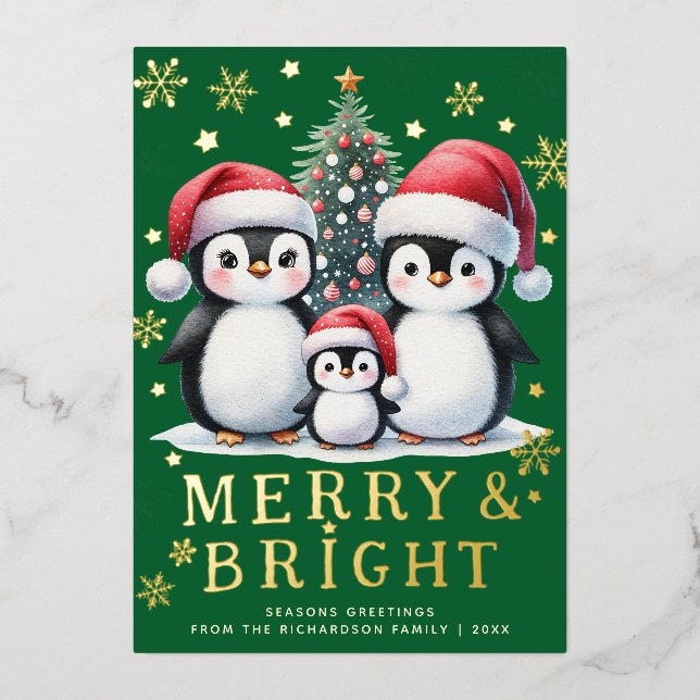 Merry Bright Fun Penguins Green Red Gold Christmas Foil Holiday Card (Front)