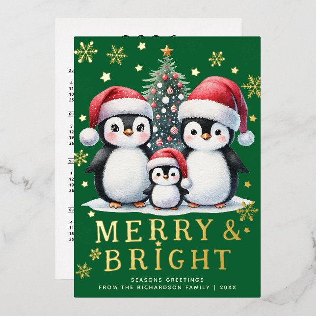 Merry Bright Fun Penguins Green Red Gold Christmas Foil Holiday Card (Front/Back)