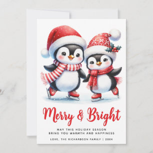 Merry Bright Fun Penguins White Red Christmas Holiday Card