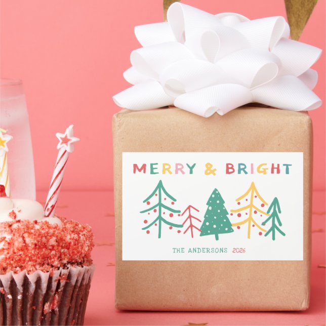 Merry & Bright Fun Pine Stylish Christmas Rectangular Sticker (Party)