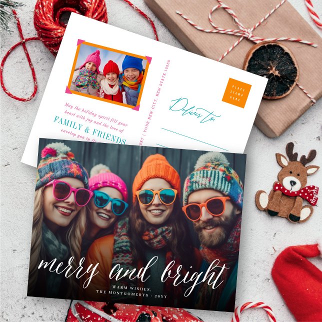 Merry & Bright Fun Script Holiday Photo Postcard (Creator Uploaded)