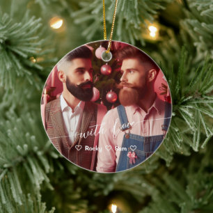 Merry & Bright Gay Retro Pink   Custom Photo  Ceramic Ornament