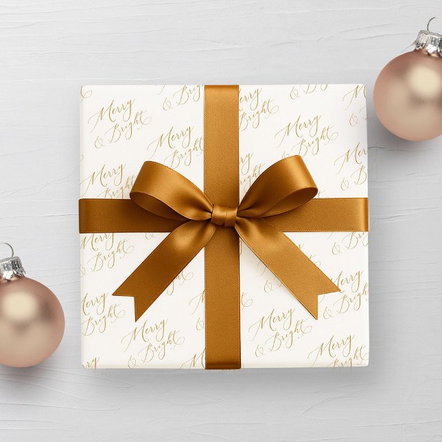 Merry & Bright Gold Script Christmas Wrapping Paper (Creator Uploaded)