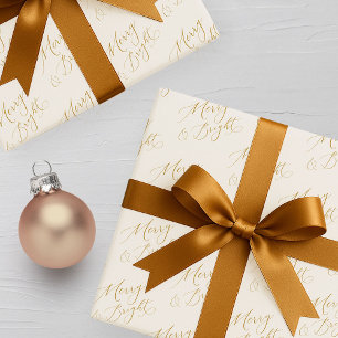 Merry & Bright Gold Script Christmas Wrapping Paper