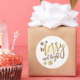 Merry & Bright, Gold White, Classic Round Sticker
