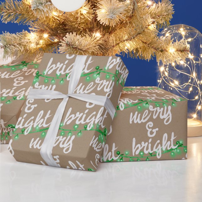 Merry & Bright Green Christmas Tree Lights Kraft W Wrapping Paper (Holidays)