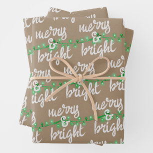 Merry & Bright Green Christmas Tree Lights Kraft Wrapping Paper Sheet