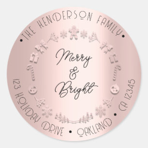 Merry Bright Holiday Address Wreath Deer Pink Rose Classic Round Sticker