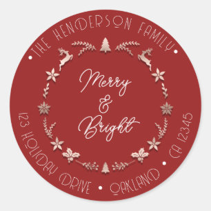 Merry Bright Holiday Address Wreath Deer Rose Red Classic Round Sticker