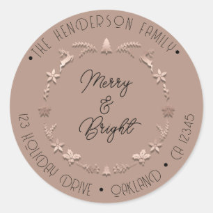 Merry Bright Holiday  Address Wreath Deer RoseSkin Classic Round Sticker