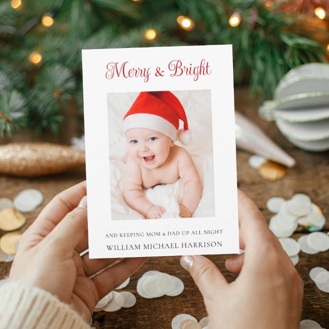 Merry & Bright Holiday Birth Announcement Card (Creator Uploaded)