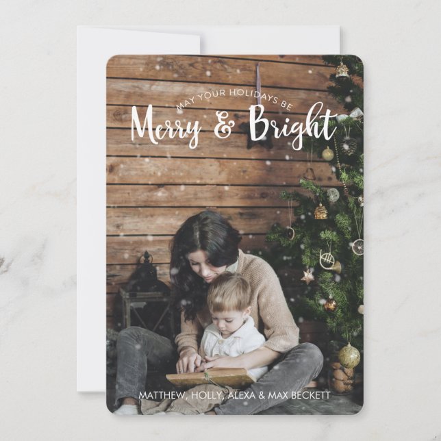 Merry & Bright Holiday Card with Snow (Front)